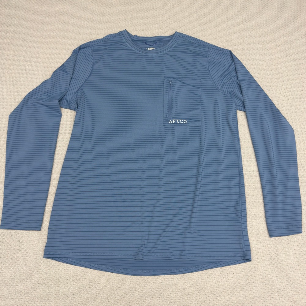 AFTCO AFTECH Shirt Mens Large Blue Pinstripe Long Sleeve Fishing Zip Pocket